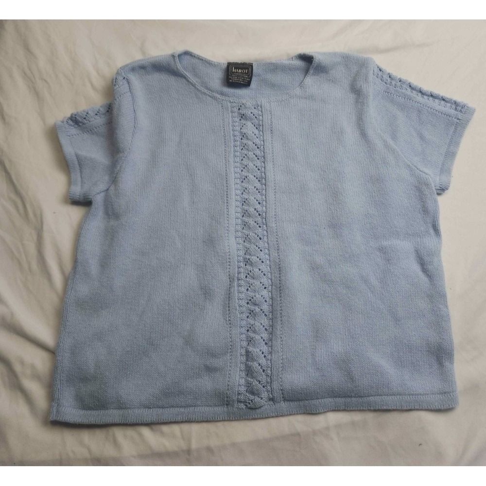 Vintage 80s Harot Top Women L Blue Pastel Pointelle Knit Coastal Grandmacore USA